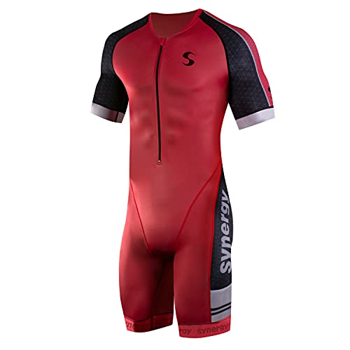 Synergy Triathlon Tri Suit - Men's Elite Short Sleeve Trisuit Cycling Skinsuit (Cardinal, X-Large)
