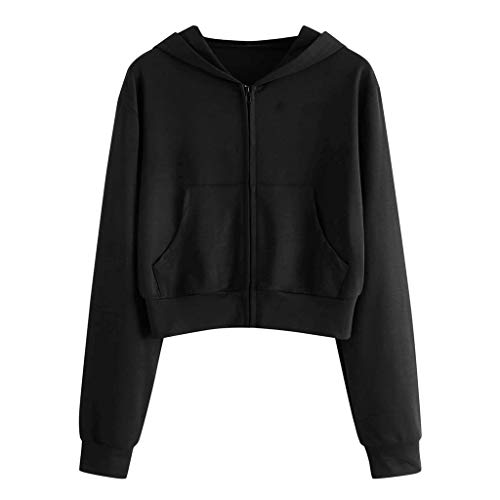 Tops Manica Zipper Solid Casual Sweatshirt Lungo Pocket Hooded Shirt Women's Blouse Felpe Rose (XL,Nero-B)