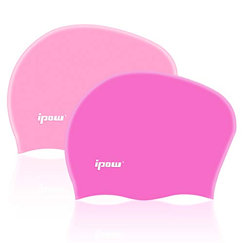 ipow 2pz Cuffia da Nuoto Cuffia Piscina in Silicone di Alta qualità atossico Antiscivolo Proteggi i Capelli Adatto Perfetto per Capelli Lunghi, Pink+Fuxia