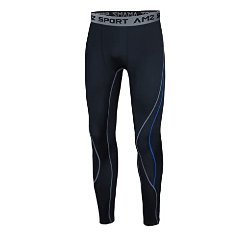 AMZSPORT Leggings Uomo, Pantaloni a Compressione Calzamaglia Sportiva per Running Jogging Fitness Palestra, Nero-Blu-XL