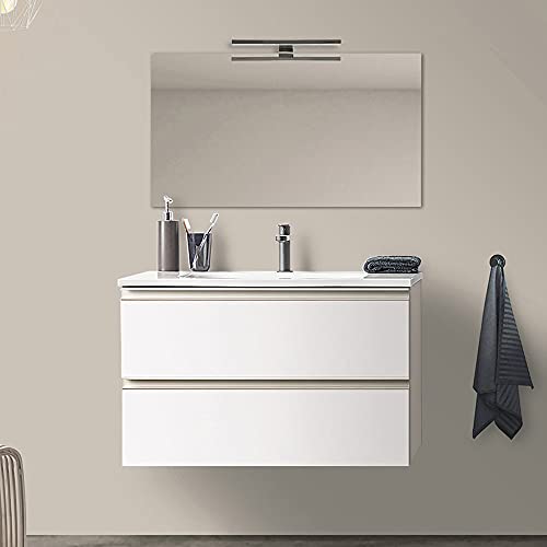 Mobile bagno moderno sospeso 100 cm, serie Master 2 cassetti, completo di lavabo e specchio Garanzia 5 anni (Bianco Opaco)