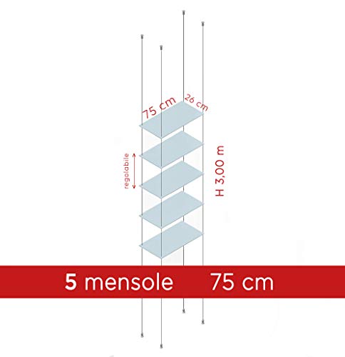 3DScube Mensole espositive in plexiglass da vetrina, con sospensione a cavetti (5 mensole 75x26 cm)