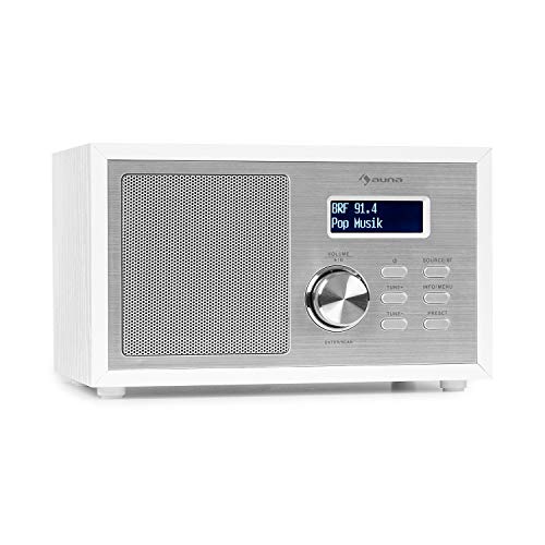 auna Ambient - Radio DAB+/FM, Streaming Bluetooth: Versione 5.0 con Supporto A2DP, Radio: DAB/DAB+/FM, Display LCD, AUX-In, Connessione Cuffie, Effetto Legno, Bianco