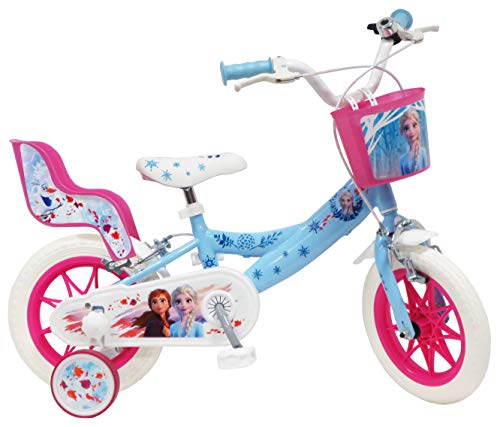 Disney - Bicicletta da 12' Frozen 2 (Frozen II) dotata di 2 freni, cestino anteriore e porta bambola posteriore + 2 stabilizzatori rimovibili da bambina, colore: Azzurro cielo bianco e fucsia