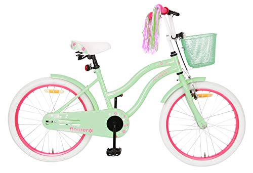 Amigo Flower - Bicicletta per bambini 20 pollici - Per Bambina di 5-9 Anni - Freno a mano, Freno a contropedale, Cestini per bicicletta, Cavalletti per bicicletta e Luci per Bicicletta - Verde