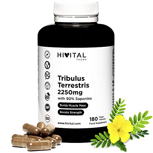 Tribulus Terrestris 2250 mg | 180 capsule vegane | 100% naturale con il 90% di Saponine | Aumenta il testosterone, la massa muscolare, la forza, la resistenza e l'energia e aiuta il recupero