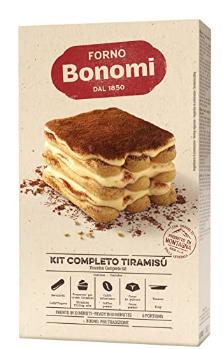 Forno Bonomi Kit Tiramisù. Il kit completo per la preparazione del tiramisù aggiungendo solo latte, senza bisogno di cottura. La confezione contiene 6 porzioni.