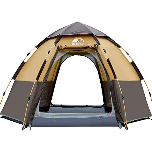 HEWOLF Tenda da Campeggio Familiari 3 a 4 Persone Grande Tenda Pop-up Esagonale Tenda a Cupola Automatica Tenda Idraulica a Doppio Strato Tenda Impermeabile e Anti UV con Portico - Marrone