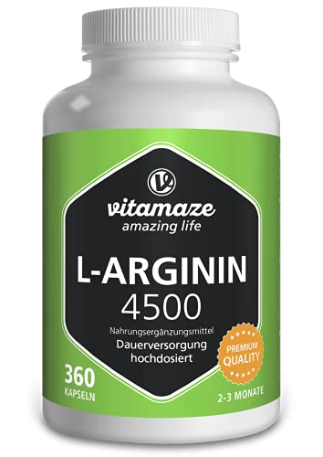Vitamaze L-Arginina 4500 mg ad Alto Dosaggio, 360 Capsule di Pura L-Arginina HCL Polvere, Qualità Tedesca, Naturale Integratore Alimentare senza Additivi non Necessari
