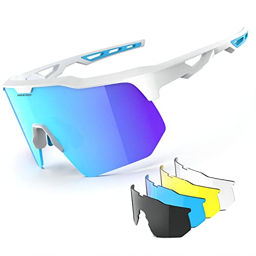 Occhiali da ciclismo polarizzati per uomini donne occhiali da sole sportivi con 5 lenti TR90 telaio Mountain Bike occhiali MTB occhiali da corsa pesca escursionismo, bianco lucido e blu ghiaccio