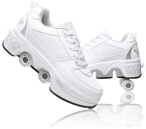 LDRFSE Scarpe con rotelle, pattini a rotelle, skateboard, scarpe per bambini con rotelle, scarpe da pattinaggio, scarpe da ginnastica con ruote per ragazze e donne, bianco, 39 EU
