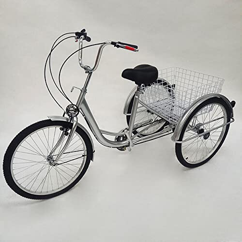 ACOSDIDES 24 pollici 3 ruote triciclo per adulti bici Trike con cestino, schienale e illuminazione a mola, viaggio sicuro di notte (nero, bianco, giallo, oro, argento, rosso) (argento), CKX-SLC2