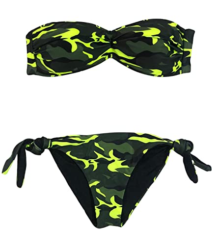 Bikini a Fascia con Coppa Preformata con Slip Senza Cuciture Fantasia Mimetico Camouflage Militare | Made in Italy (XL con Slip 48)