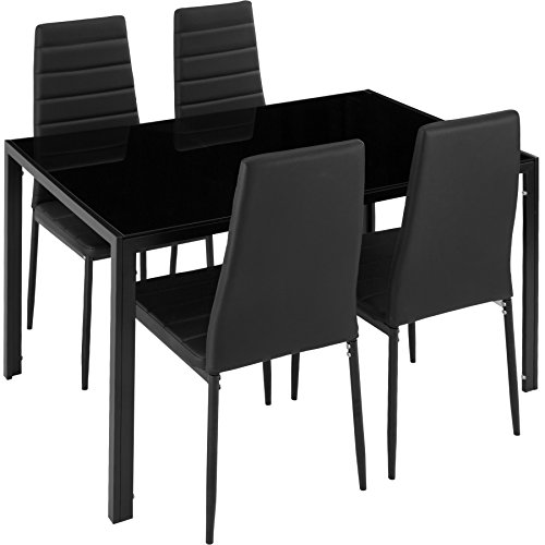 TecTake Tavolo de pranzo con 4 sedie | Elevato comfort di seduta | Robusto piano del tavolo in vetro di sicurezza - disponibile in diversi colori (Nero | No. 402837)
