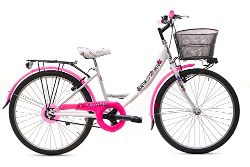 Bicicletta Bambina Ragazza da Passeggio Misura 24 Bici con Cestino Floreale Bianco Rosa Fluo
