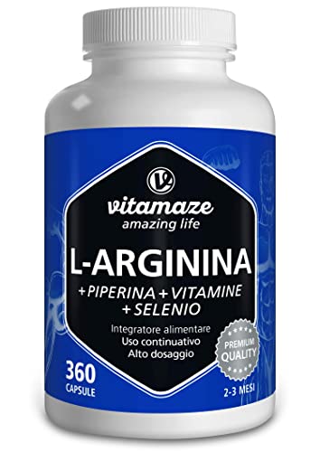 L-Arginina Capsule ad Alto Dosaggio, 360 Capsule con B6, B12 + Acido Folico + Selenio + Piperina, Qualità Tedesca, Integratore Alimentare senza Additivi non Necessari