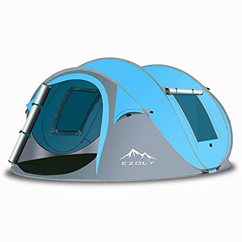EZOLY, Tenda Pop-up per 3-4 Persone, Tenda Automatica per 2 Secondi di Installazione, Impermeabile, Antivento, Anti-UV, Tenda da Campeggio per Famiglia(Blu)