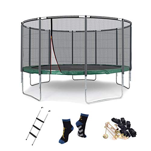 Ampel 24 - trampolino Ø 430 cm verde con scaletta e set di fissaggio, capacità massima fino a 160 kg, rete rinforzata con anillo di stabilità e 10 pali imbottiti, calze antiscivolo extra