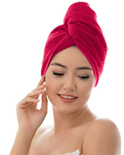 Kirman Asciugamano turbante per capelli di alta qualità, con 2 bottoni, 100% cotone, per capelli corti e lunghi, asciugamano turbante ad asciugatura rapida e assorbente (fucsia, 1 pezzo)