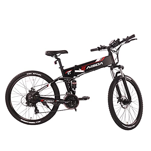 KAISDA K1 Bicicletta Elettrica Pieghevole da 26 Pollici con Batteria Rimovibile 48V 10.4AH con Fari Super Luminosi Mountain Bike Elettrica Shimano 21 Velocità con Strumento LCD (Black)