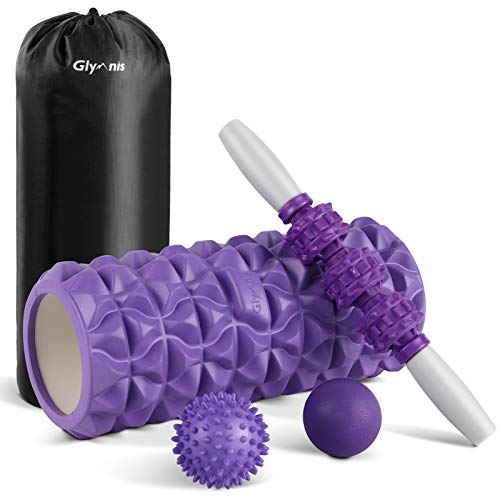 Glymnis Foam Roller Kit 4 in 1, Includono 1 x Rullo Massaggio Muscolare 1 x Bastone Massaggio e 2 x Pallina Massaggio per Recupero Muscolare dei Tessuti Profondi, Rilascio Miofasciale, Yoga