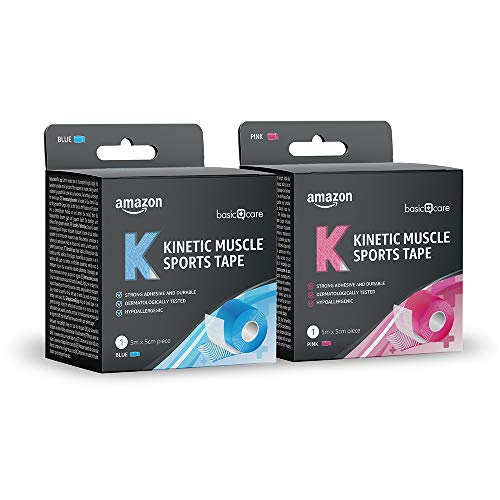 Amazon Basic Care - Kinetic nastro sportivo per sport, 5 m x 5 cm, 2 bende (1 blu, 1 rosa)