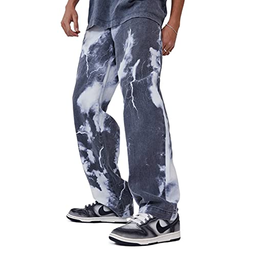 Geagodelia Jeans Uomo Larghi Casual Moda Pantaloni in Denim Uomo Stampa Vita Alta Streetwear Jeans Diritti Lunghi S-XXL (XXL, Grigio)
