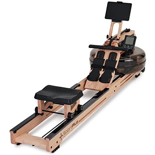 SportPlus Home Rowing Machine - Resistenza all'acqua - Legno massiccio (quercia) - Computer di allenamento e Bluetooth - Alta qualità e design - Supporto per tablet