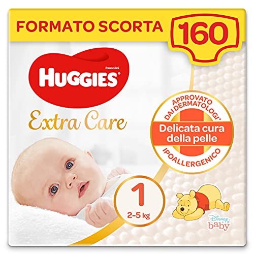 Huggies Extra Care Bebè Pannolini, Taglia 1 (2-5Kg), Confezione da 160 Pannolini