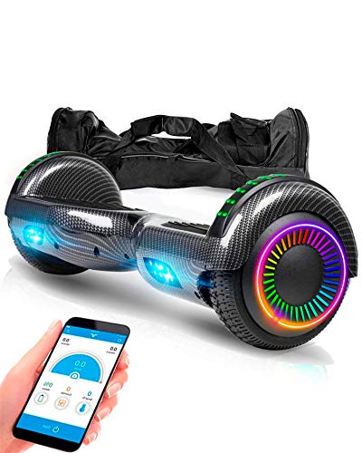 ACBK - Scooter Elettrico Hoverboard Autobilanciato con Ruote LED da 6.5'' (App + Altoparlante Bluetooth + Luci a LED + Borsa per Il Trasporto) velocità Massima: 12 km/h - (Carbonio)