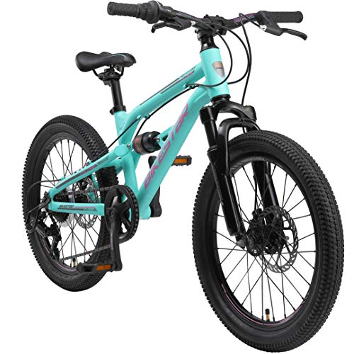 BIKESTAR MTB Mountain Bike Sospensione Completa Alluminio per Bambini 6 Anni | Bicicletta 20 Pollici 7 velocità Shimano, Freni a Disco | Turchese