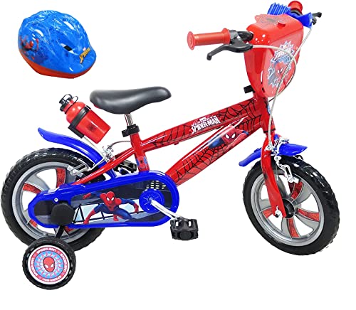 Vélo, Bicicletta 12'' bambini da 2 a 4 anni dotata di 2 freni, borraccia e porta bidone, piastra anteriore decorativa, 2 stabilizzatori + casco Spiderman inclusi, rosso
