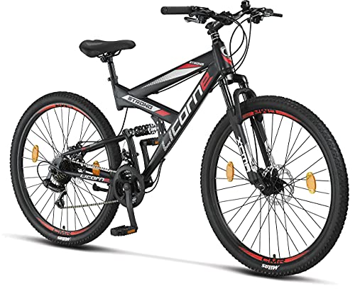 Licorne Bike Strong 2D Premium Mountain Bike Bicicletta per ragazzi, ragazze, donne e uomini – Freno a disco anteriore e posteriore – 21 marce – Sospensione completa (nero/rosso, 27,5)