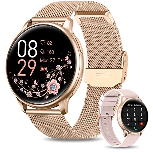 RUXINGX Smartwatch Donna Chiamata Bluetooth e Risposta Vivavoce, Smart Watch con Lettore Musicale Cardiofrequenzimetro SpO2 Sonno Calorie 19 Modalità Sport Notifiche Messaggi per Android/iOS Oro Rosa