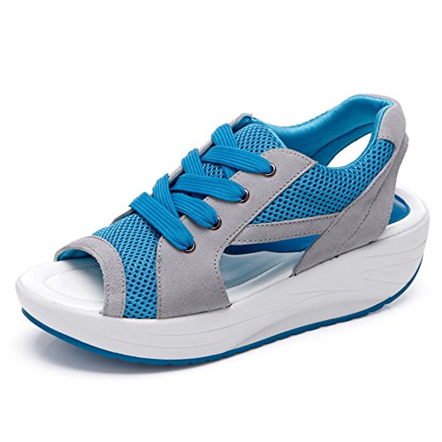 Donna Mesh Sportive Fitness Peep Toe Sandali Sneaker Dimagranti Shape-ups Scarpe Piattaforma con Zeppa Blu 39 EU