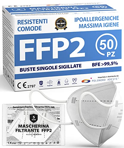 ADESTE - 50 Mascherine FFP2 Bianche Certificate CE, Filiera controllata, anallergiche, con elastici comodi e resistenti. Sicura: capacità filtrante 99,5%, Buste singole sigillate.