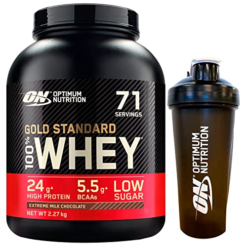 Optimum Nutrition Gold Standard 100% Whey Proteine in Polvere con Proteine Isolate e Aminoacidi per Massa Muscolare Cioccolato al Latte 2,27kg 71 Porzioni + SHAKER