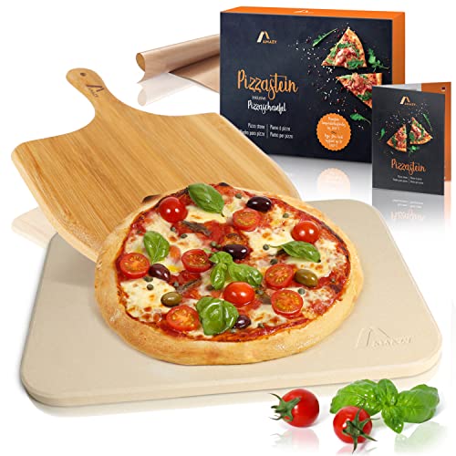 AMAZY Pietra refrattaria per Pizza da Forno, incl. Pala in bambù, Carta da Forno Riutilizzabile e Ricettario –Pietra Pizza dal Sapore Italiano (38x30x1,5cm)