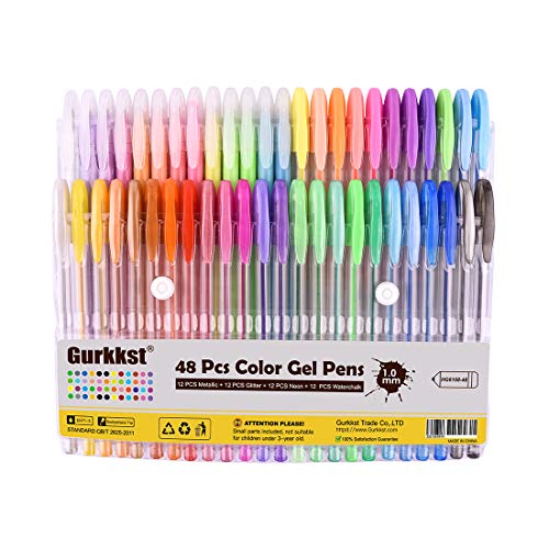Gurkkst Set di 48 Glitterate Penne Gel Colorate per Adulti e Bambini da Colorare, Disegnare e Scrivere (12 Metallico + 12 Glitterato + 12 Neon + 12 Pastello)