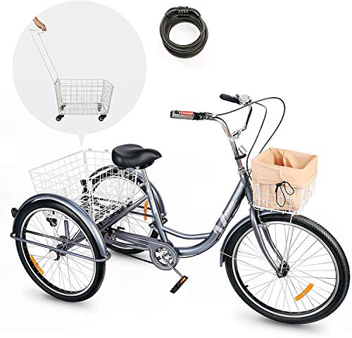 Viribus 24 pollici Triciclo per Adulti con Cestino Posteriore/Anteriore Bicicletta a Tre Ruote con Cestino Impermeabile Triciclo per Uomo e Donna (Grigio)
