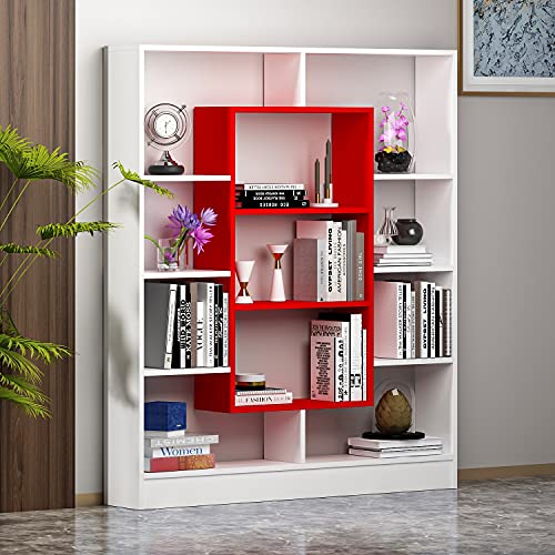 VENUS Libreria - Scaffale per libri - Scaffale per ufficio / soggiorno dal design moderno (Bianco / Rosso)