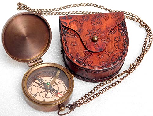 KHUMYAYAD Bussola tascabile in ottone realizzata a mano completamente funzionale bussola nautica antica, bussola incisiva, bussola steampunk con custodia in pelle.