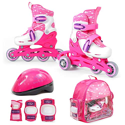 SMJ - Set 2 in 1 per bambine e ragazze, pattini in linea regolabili, set di protezioni + casco + custodia, Colore: rosa., 26-29