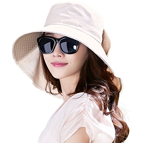 Comhats - Cappello da sole da donna con visiera larga UPF 50+, ripiegabile, in cotone UV, per safari, passeggiate, giardinaggio, con protezione per il collo e sottogola 69053_Beige M