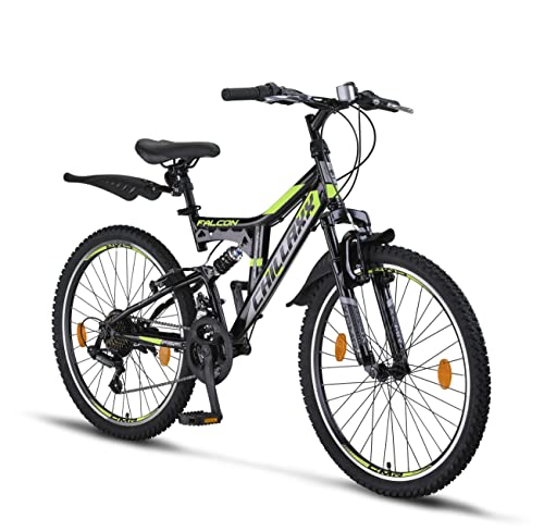 Chillaxx Bicicletta Falcon Premium Mountain Bike in 24 e 26 pollici – Bicicletta per ragazzi, ragazze, uomini e donne – freni a V – cambio a 21 marce – sospensione completa (freno a V nero lime)