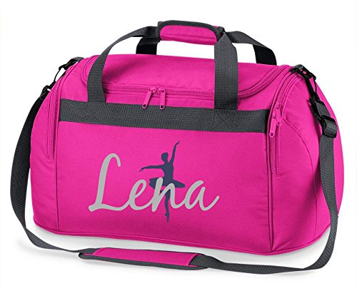 Borsa sportiva con nome, personalizzazione e stampa, motivo ballerina, borsa da viaggio per ragazze, con stampa del nome (rosa)