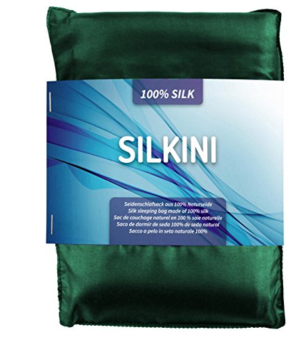 Silkini - Sacco a pelo in seta naturale al 100%, sacco a pelo per capanne, ticking, sacco a pelo estivo in vera seta, verde