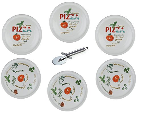Retsch Arzberg - Set di piatti per pizza con tagliapizza/rotella per pizza, piatto per pizza XXL, diametro 30 cm, con decorazioni, set da 6