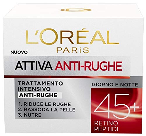 L'Oréal Paris Attiva Antirughe 45+ Crema Viso Donna Antirughe Intensiva Giorno e Notte con Retino Peptidi, 50 ml