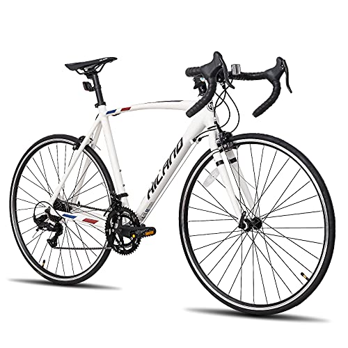 Hiland Bicicletta da Corsa 700C Cambio 14 Velocità, Bici da Strada per Uomo e Donna con Telaio in Alluminio 55/60 cm, Bianco/Nero